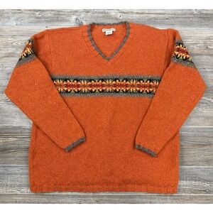 Vintage Eddie Bauer Orange Wool Fair Isle V-Neck Sweater Men's M Rustic USA